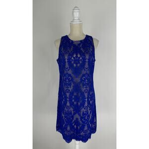 Eliza J Lace Overlay Formal Sheath Dress Sleeveless Women 8 Blue Career Cocktail